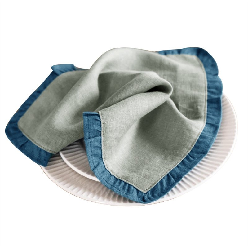 New Product standard size Matching color christmas 100% ruffled linen flax napkin set folds with trimming