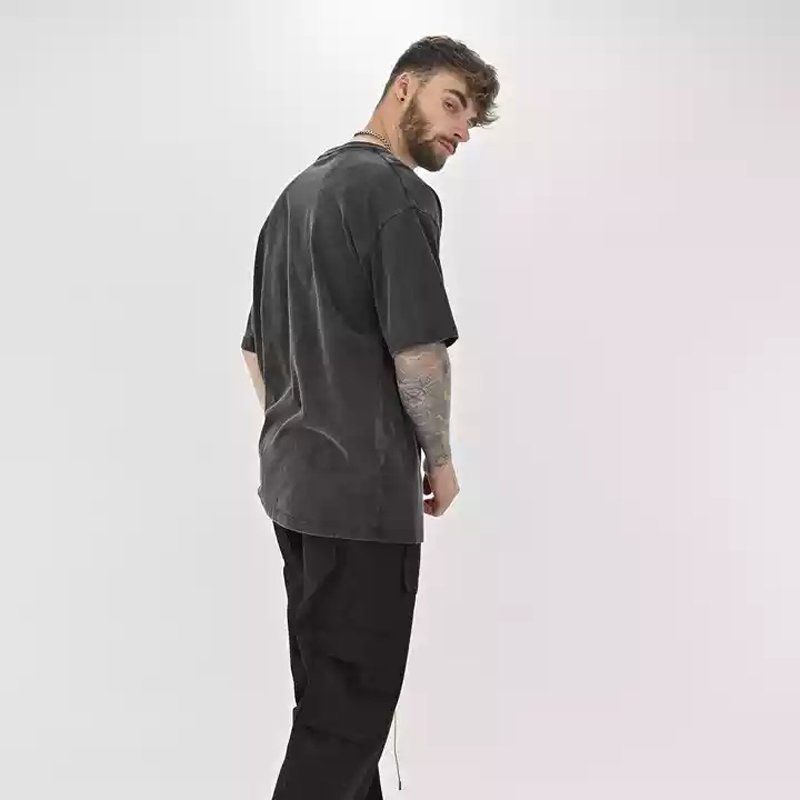 Wholesale Vintage Style Acid Wash Logo Printed Men's Heavyweight Cotton Oversize T-Shirt Blank Jersey Fabric