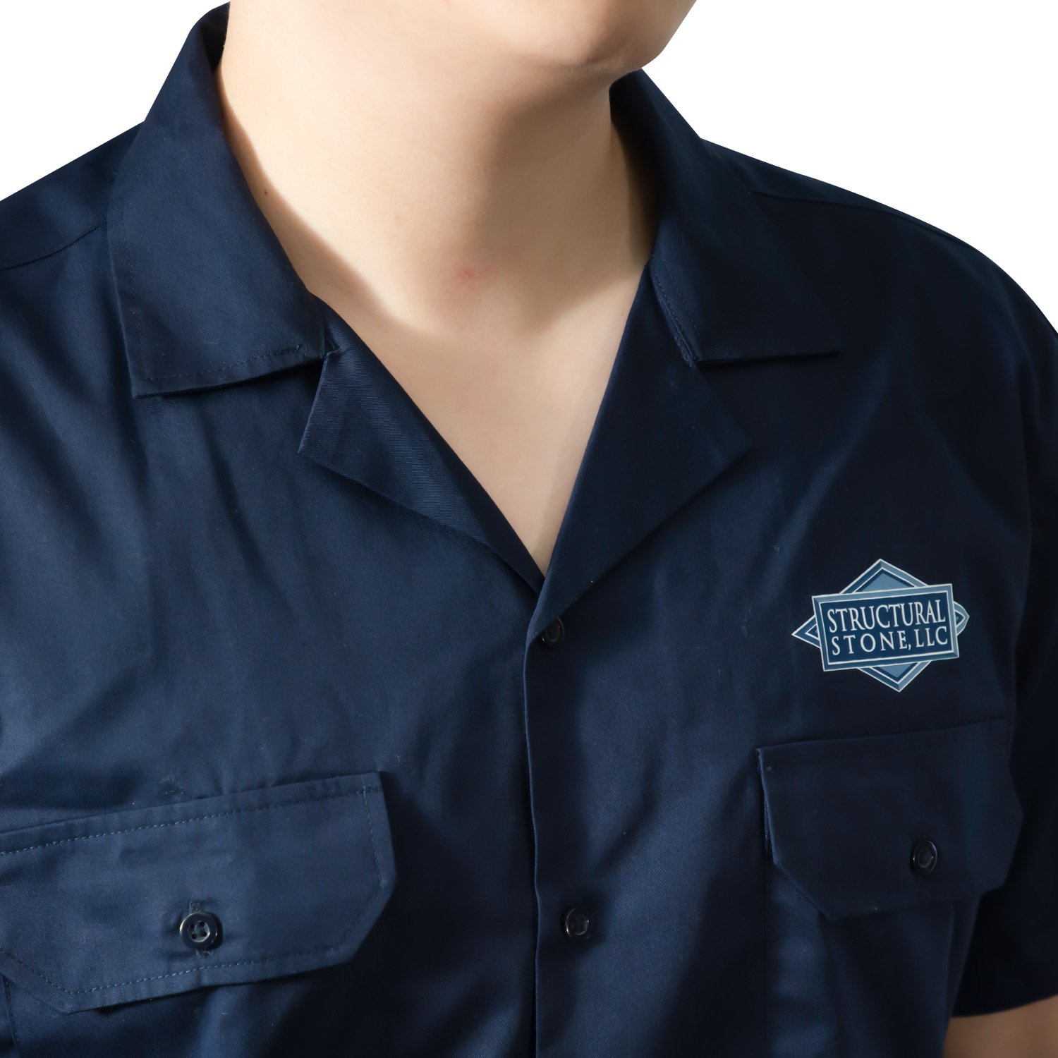 Casual Wear Outdoor Navy Blue Solid Color Short Sleeve Cotton Work Shirts for Men Customized Logo Poplin Fabric Woven Embroidery