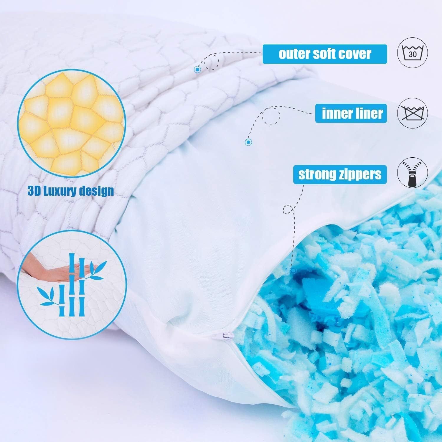 Waterproofing one side ice fabric one side bamboo fabric filling shredded memory foam bamboo cooling bed pillow