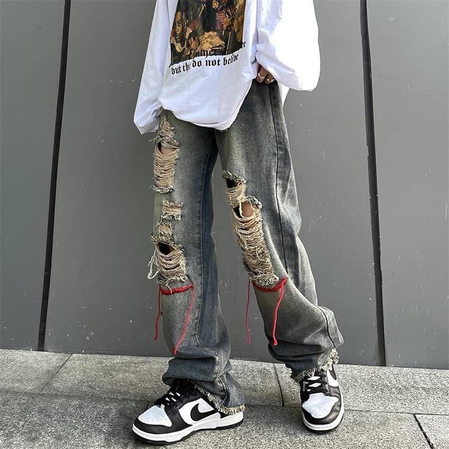 Premium Quality Textiles Fabrics Mens Retro Denim Ripped Straight Leg Casual Jeans Pants Trousers Punk Hip Hop