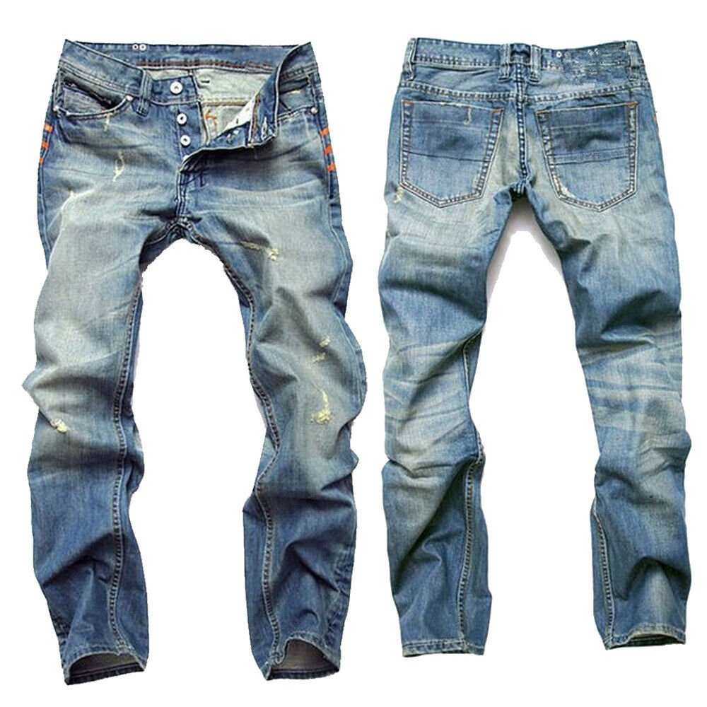 Premium Quality Textiles Fabrics Mens Retro Denim Ripped Straight Leg Casual Jeans Pants Trousers Punk Hip Hop