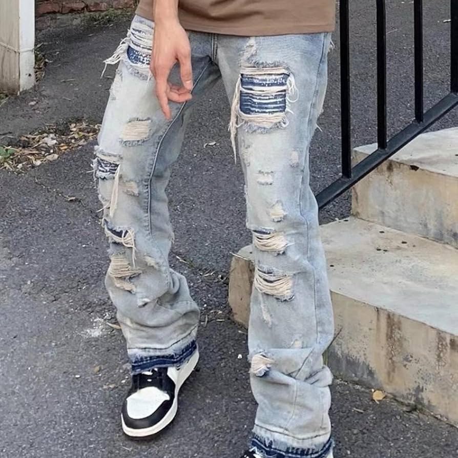 Premium Quality Textiles Fabrics Mens Retro Denim Ripped Straight Leg Casual Jeans Pants Trousers Punk Hip Hop