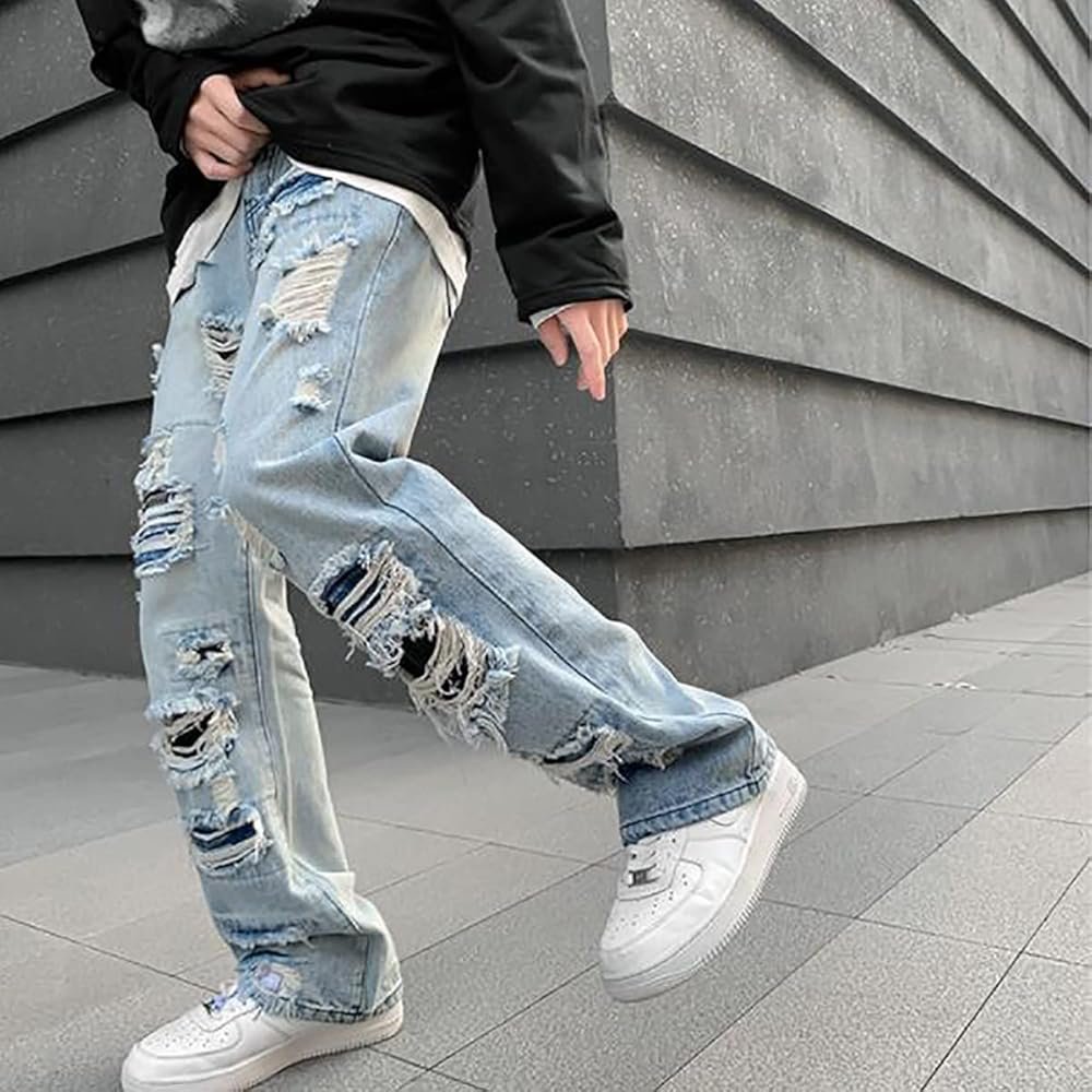 Premium Quality Textiles Fabrics Mens Retro Denim Ripped Straight Leg Casual Jeans Pants Trousers Punk Hip Hop
