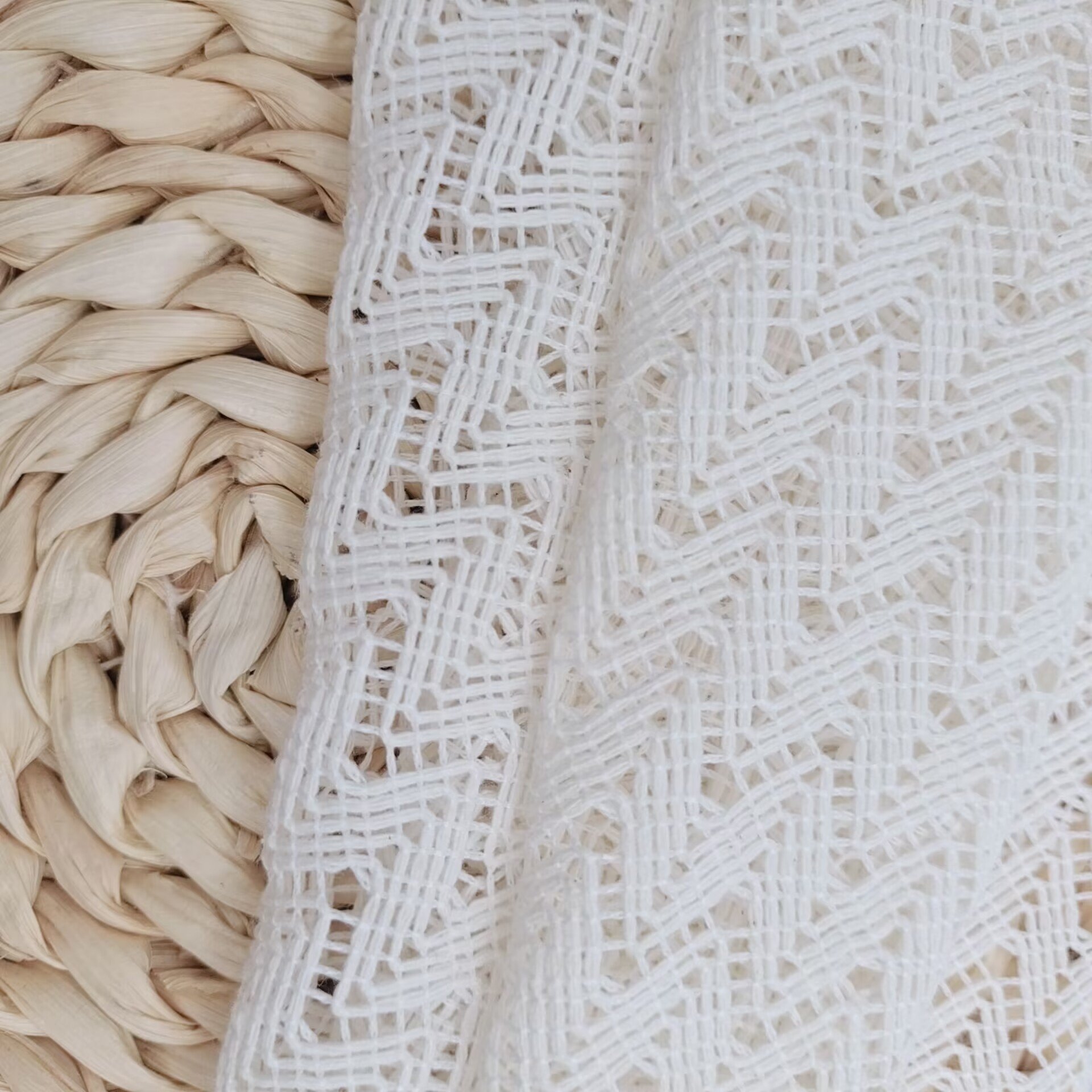Eco-friendly 2023 New Design White Cotton Polyester Crochet Cardigan Lace Fabric Crochet Warp Knit Jacquard Fabric For Men Shirt