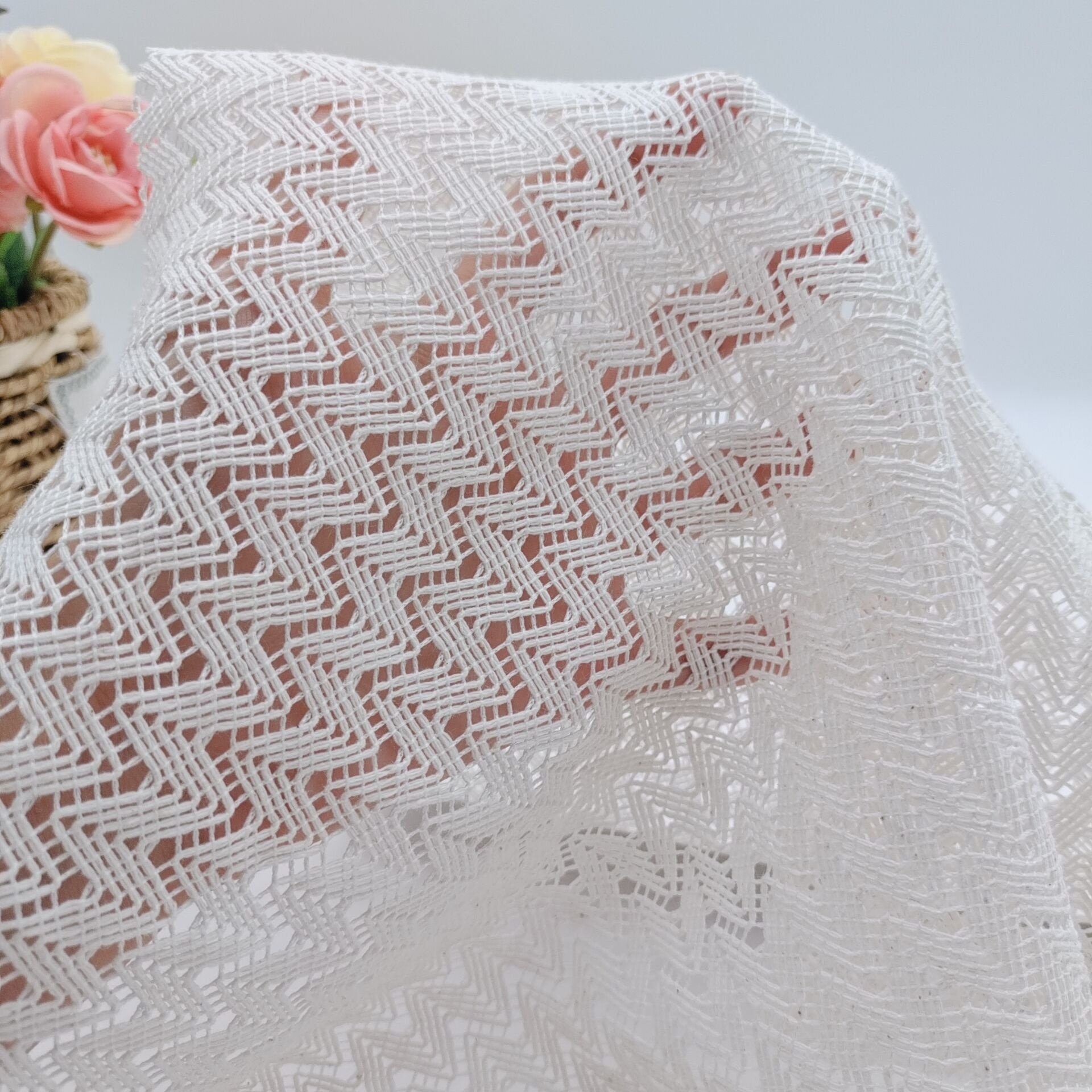 Eco-friendly 2023 New Design White Cotton Polyester Crochet Cardigan Lace Fabric Crochet Warp Knit Jacquard Fabric For Men Shirt