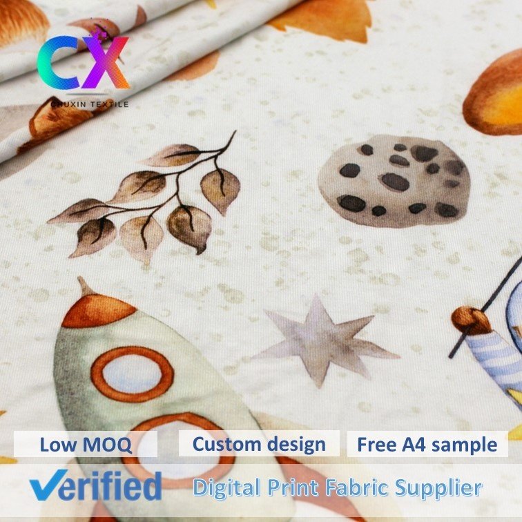 Lovely design rocket fox cartoon custom jersey digital printed knitted bamboo fabric for babies