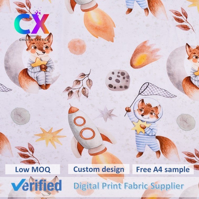 Lovely design rocket fox cartoon custom jersey digital printed knitted bamboo fabric for babies