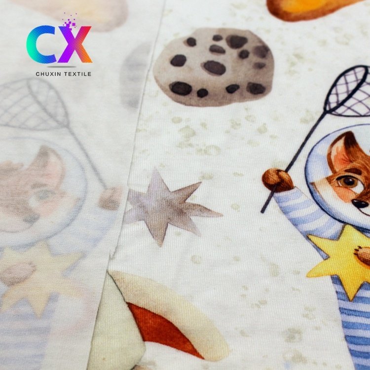 Lovely design rocket fox cartoon custom jersey digital printed knitted bamboo fabric for babies