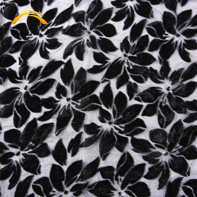 Manufacturer Wholesale Modern Polyester Knitted Black Wrinkle Resistant Flower Soft Velvet Burnout Fabric For Clothing Garment