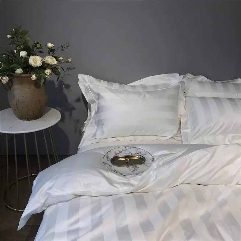 2023 hot sale White Satin Stripe Bed Linen Queen Size 100% Cotton for hotel