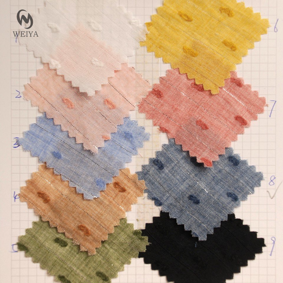 Woven factory new designs linen look style TC blended stripe lurex plumetis fabric