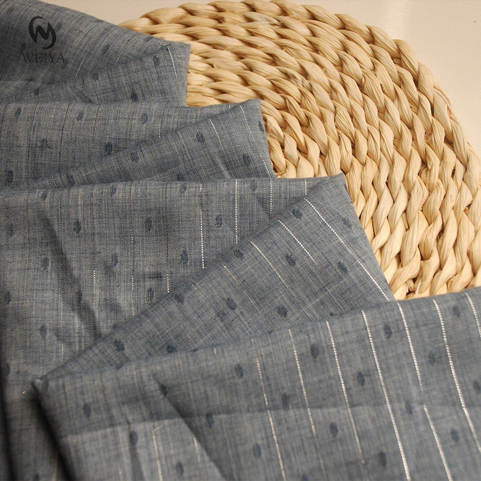 Woven factory new designs linen look style TC blended stripe lurex plumetis fabric