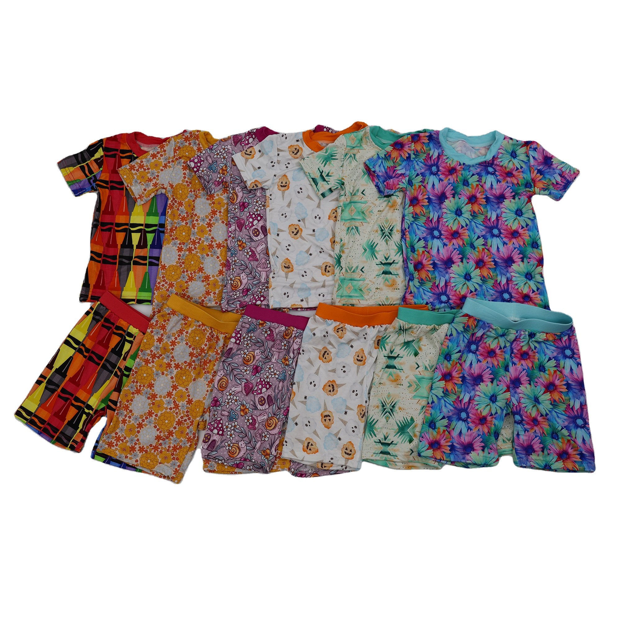 Qingli RTS Stock bamboo fabric summer soft breathable cartoon style printed baby clothes wear fashion pajamas set