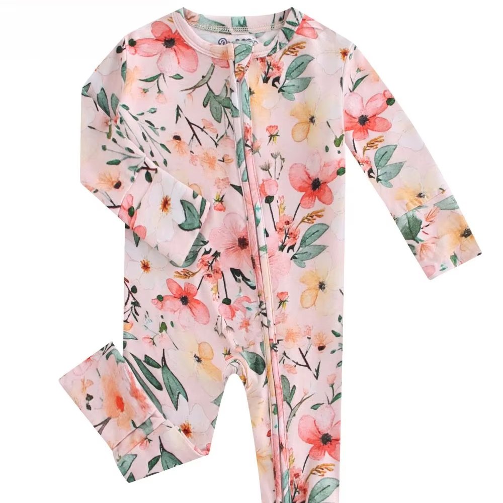 OEKO-TEX Certified Pure Cotton Baby Girl Rompers Spring Autumn Winter Floral Print Front Long Zipper Can Be Made Bamboo Fiber
