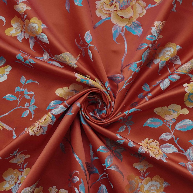 High quality Beautiful satin flower and bird yarn-dyed cheongsam color dress fabric for luxury bag