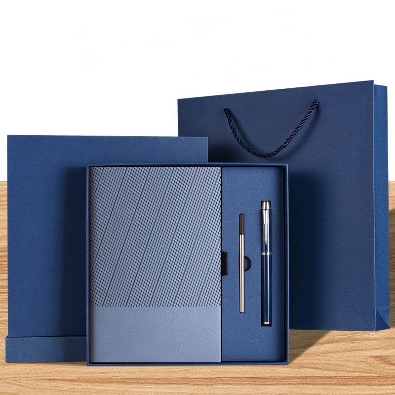 Custom Faux Leather Notebook Business Gift Set 2024 Luxury Blue Planner Recycled Paper Diary A5 Leather Journal Set With USB
