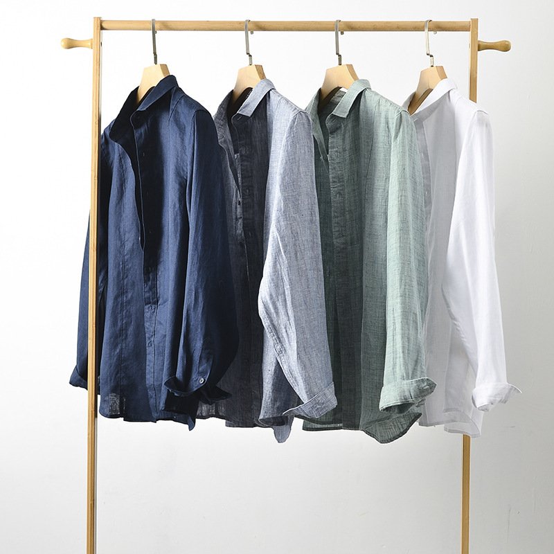 100% Linen Fabric Shirts Grey New Custom Solid for Men Summer Full Sleeve Length Casual Resort Linen Shirts