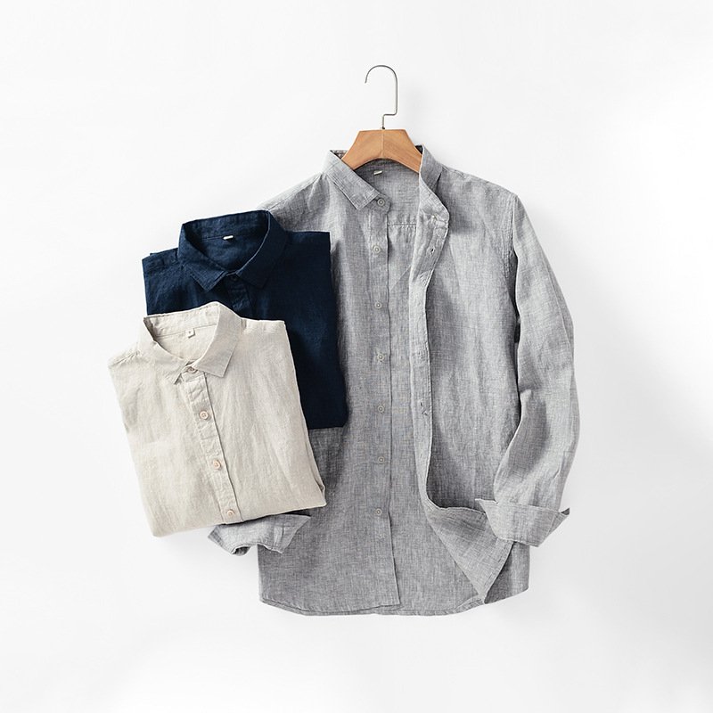 100% Linen Fabric Shirts Grey New Custom Solid for Men Summer Full Sleeve Length Casual Resort Linen Shirts