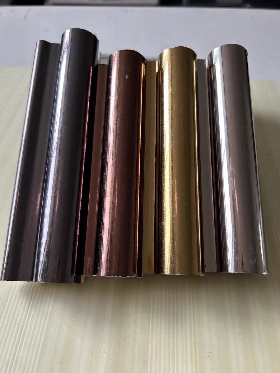 Modern WPC Wall Panel with High Gloss Metal Apple Silver Finish Fire-Insulated Soundproof Featuring Rotating Grille Wrap Columns