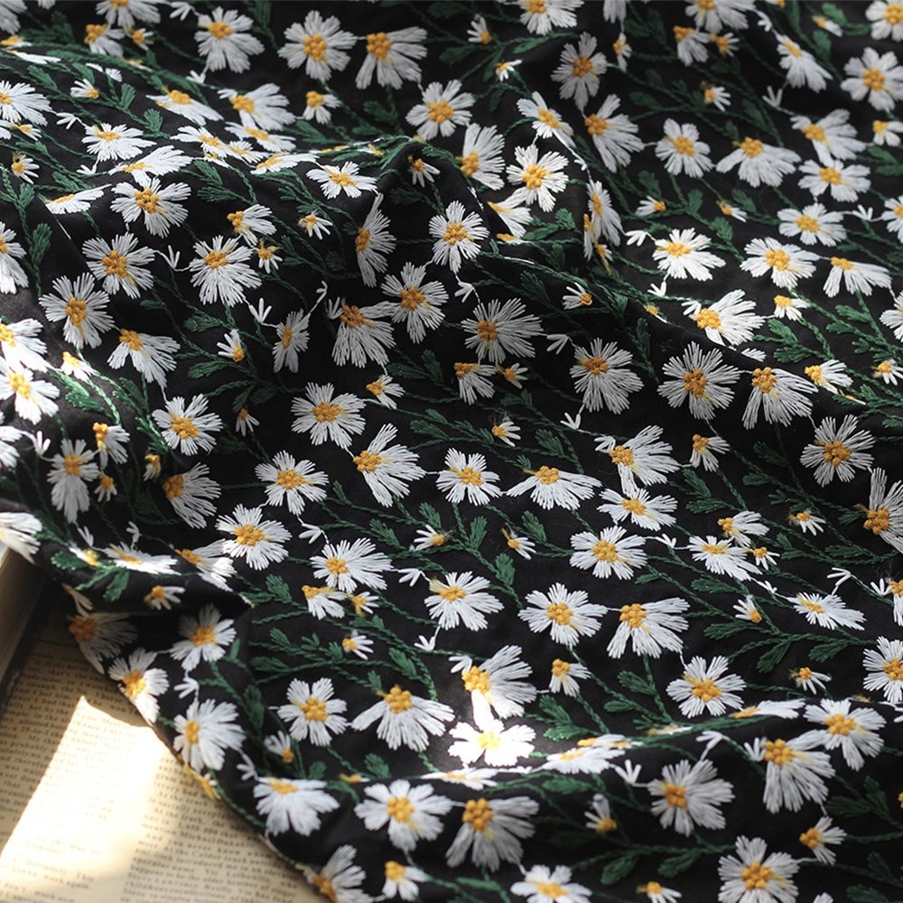 New design daisy floral fabric embroidery polyester linen look elegant latest embroidery fabric for table cloth bags shoes