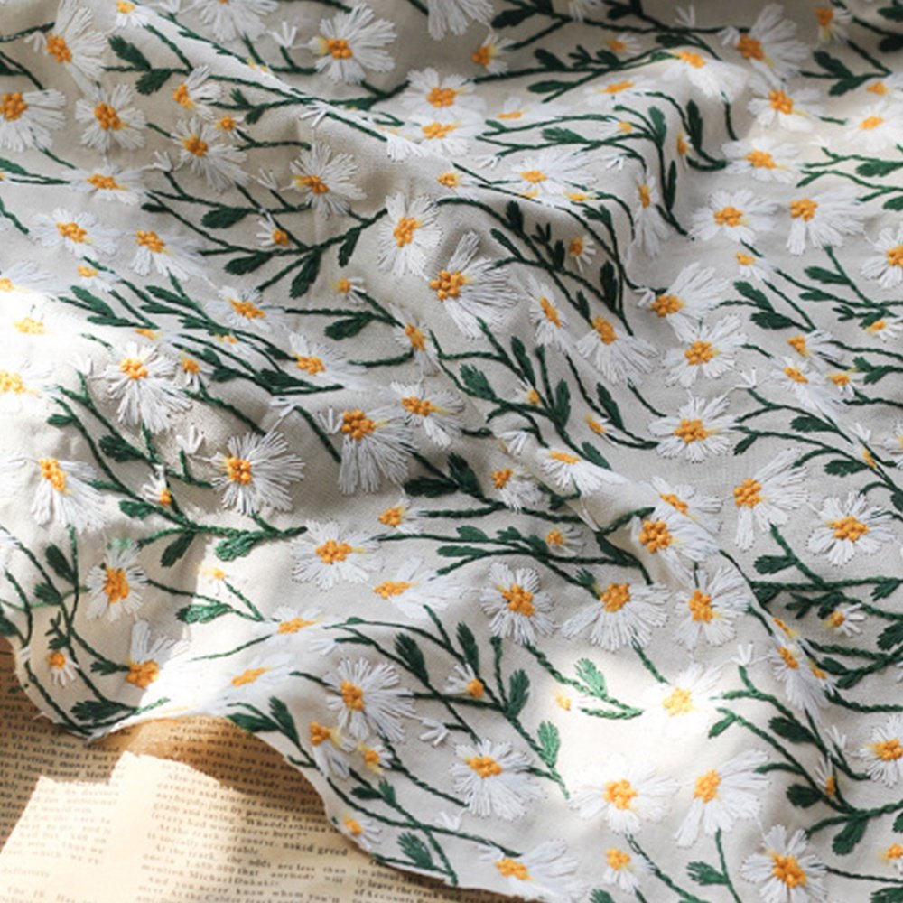 New design daisy floral fabric embroidery polyester linen look elegant latest embroidery fabric for table cloth bags shoes