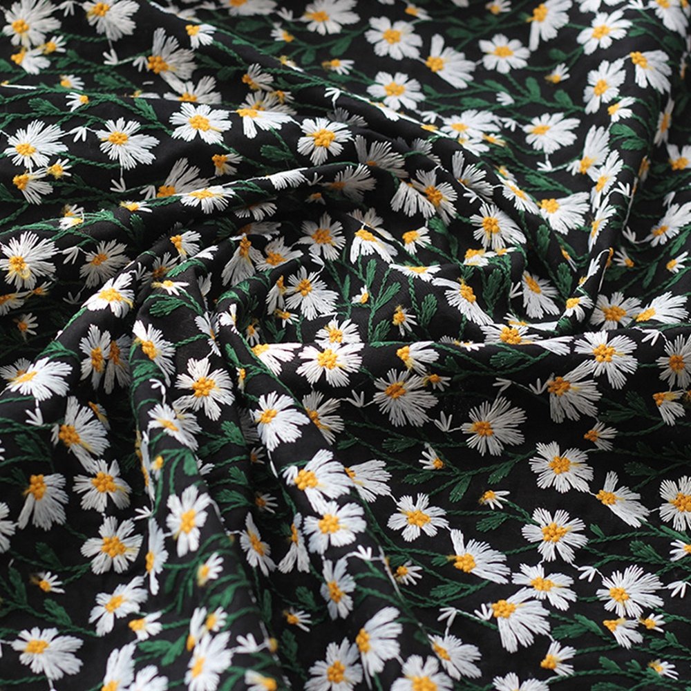 New design daisy floral fabric embroidery polyester linen look elegant latest embroidery fabric for table cloth bags shoes