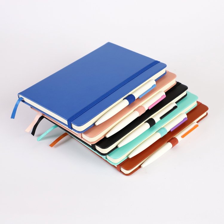 2024 2025 Promotional Sublimation OEM Business Note Book A5 Custom Logo Pu Leather Hardcover Journal Notebook With Pen Holder