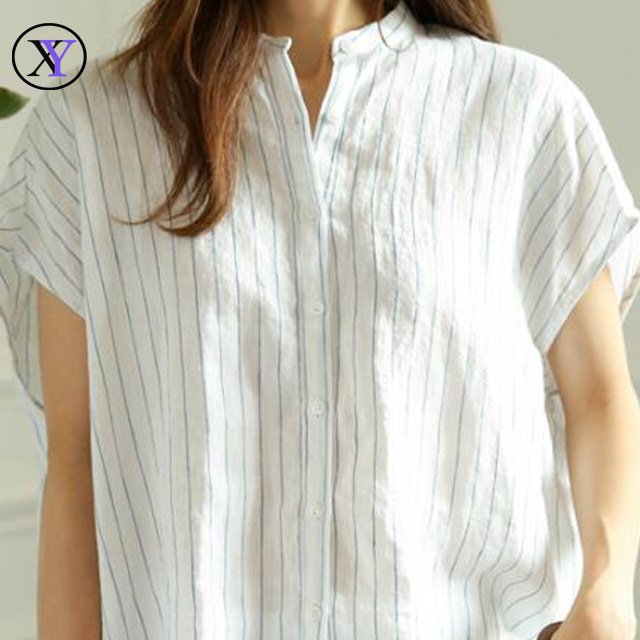 New Fashion Women Button Down Loose Linen Stripe Blouse
