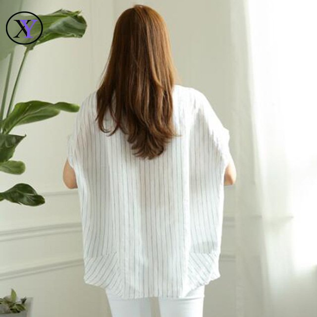 New Fashion Women Button Down Loose Linen Stripe Blouse