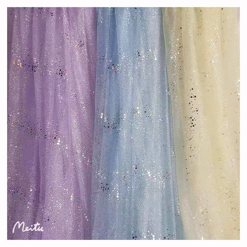 Shiny dust silver foil dot printing tulle silver glitter mesh tulle fabric dress