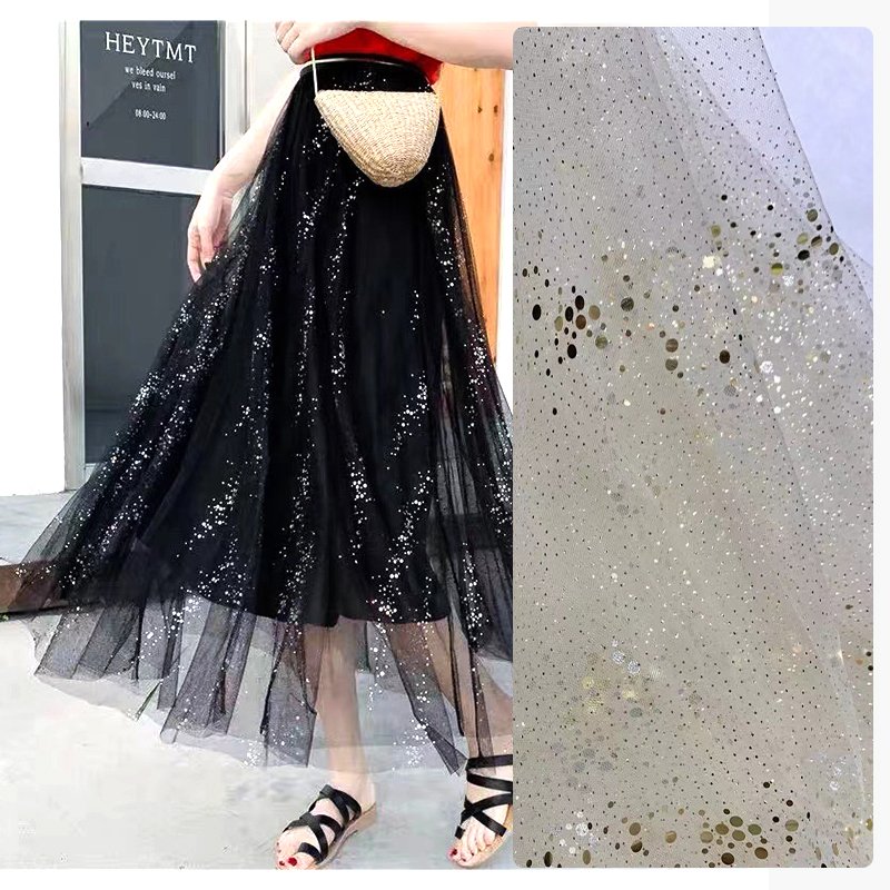 Shiny dust silver foil dot printing tulle silver glitter mesh tulle fabric dress