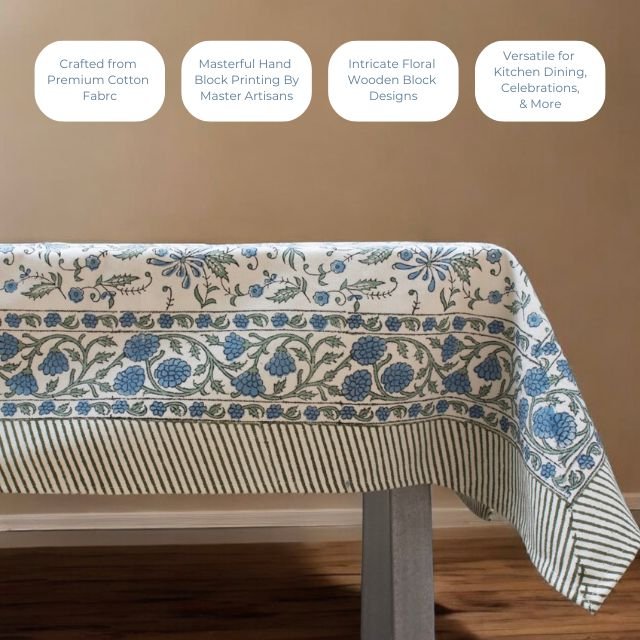Hand block printed table cover with floral designs Indian Cotton Canvas Hand Block Printed Table Cloth 6 seater and 8 seater