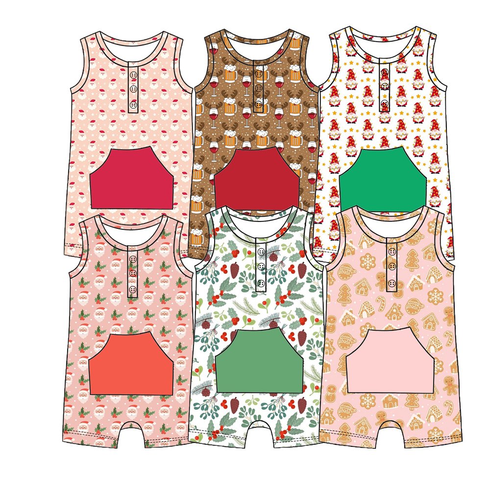 Unisex Custom Printed Knitted Christmas Romper for Baby Girls ODM Wholesale with Pocket Zipper Sleeveless Cartoon Pattern