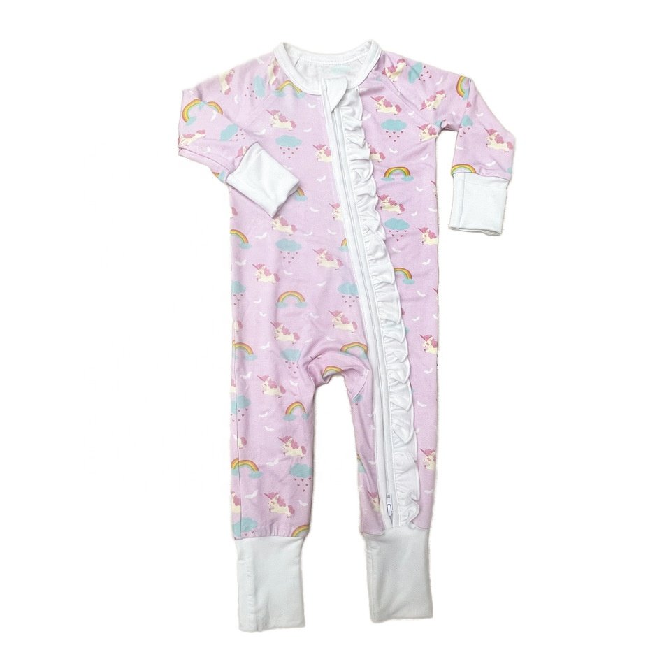 custom prints newborn clothes infant baby Coveralls long sleeve bamboo fiber baby onesie zipper baby ruffle pink romper