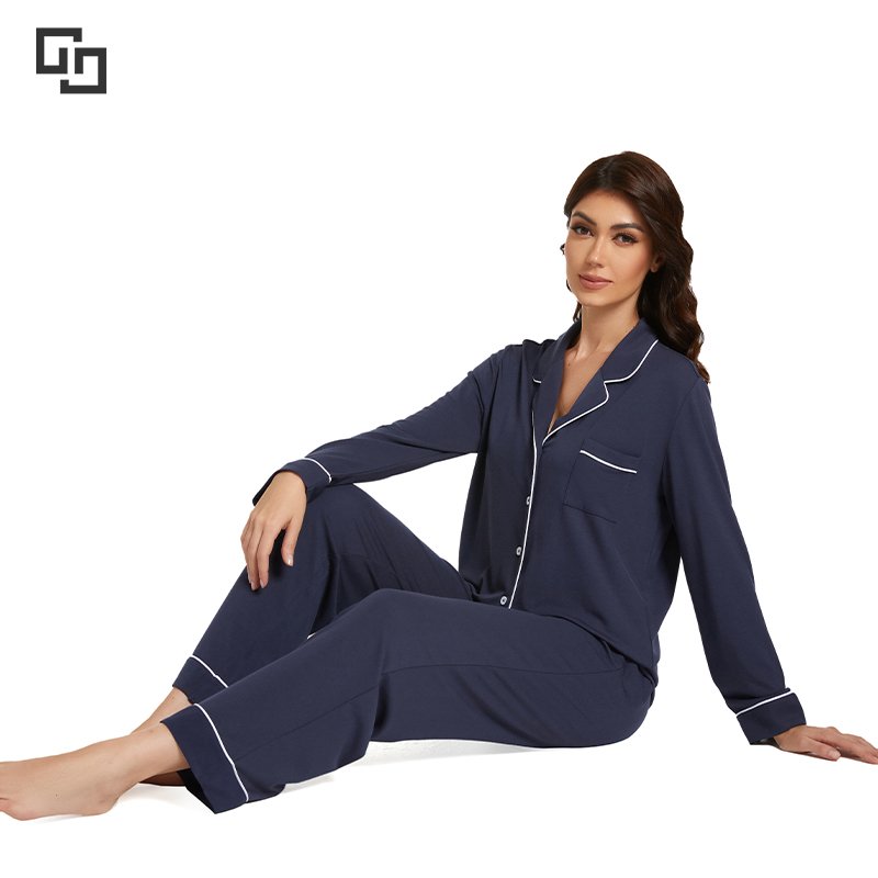Factory Custom Logo Turn-Down Collar Women's Sleepwear Long Sleeve Pajamas for Women Set Classic Pyjamas Women Sleepwear