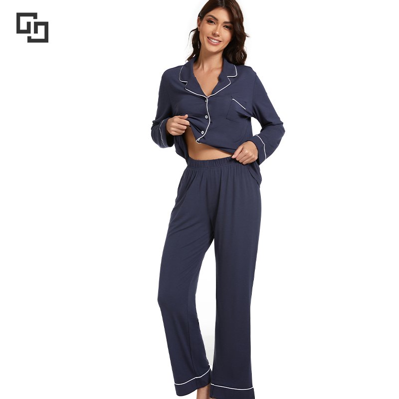 Factory Custom Logo Turn-Down Collar Women's Sleepwear Long Sleeve Pajamas for Women Set Classic Pyjamas Women Sleepwear