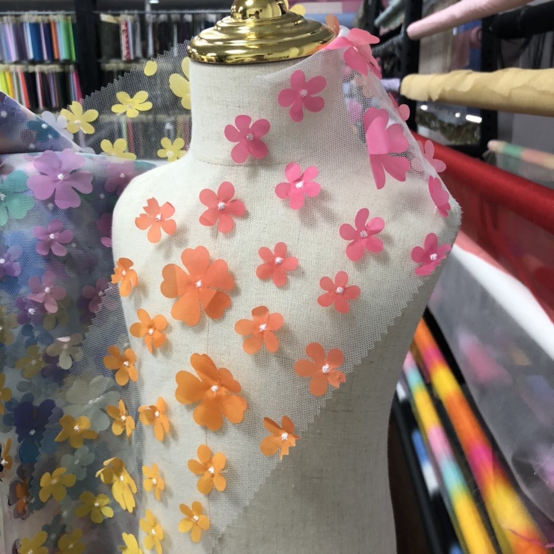 DIY girl party new color fancy floral net tulle FLOWER 100polyester 3D laser embroidery color lace mesh dress children fabric