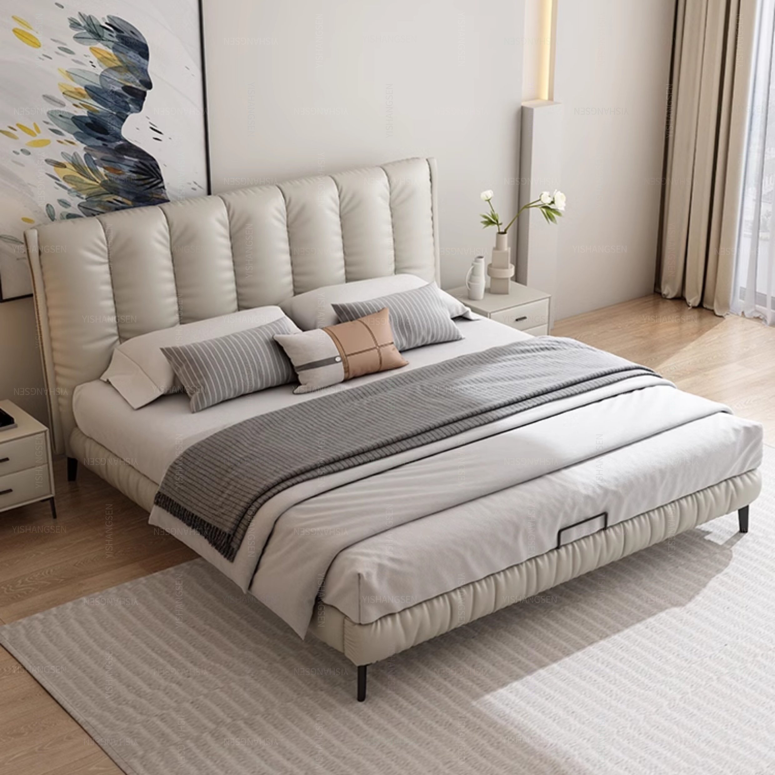 Waterproof Fabric Queen Size Bed Soft Fiber Padding Comfort Faux Leather Upholstered Headboard Pine Slat Feature