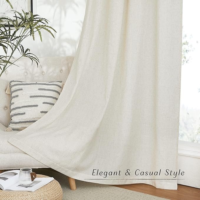 Natural Linen Curtains 84 inch Long 2 Panels Set, Grommet Top Thick Linen Burlap Semi Sheer Vertical Drapes