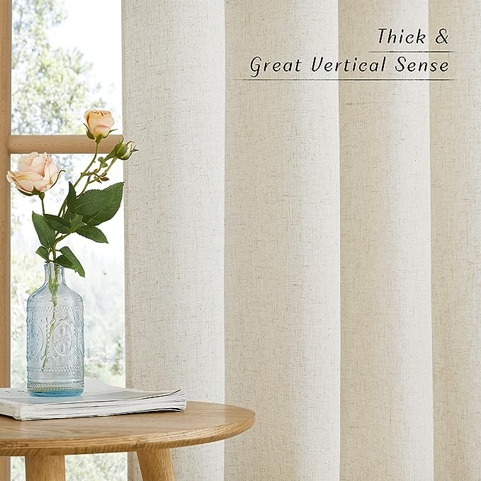 Natural Linen Curtains 84 inch Long 2 Panels Set, Grommet Top Thick Linen Burlap Semi Sheer Vertical Drapes