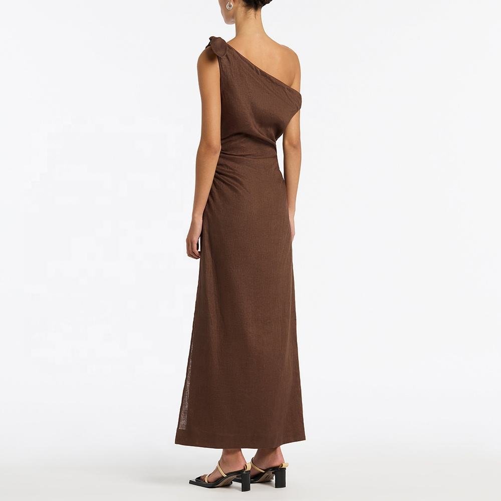 Summer high quality 100% linen fabric women's single shoulder sleeveless casual Maxi dress High split long women's dress