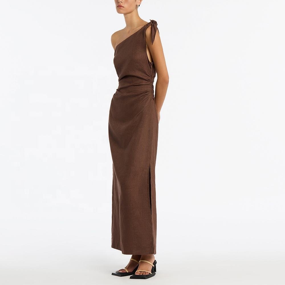 Summer high quality 100% linen fabric women's single shoulder sleeveless casual Maxi dress High split long women's dress