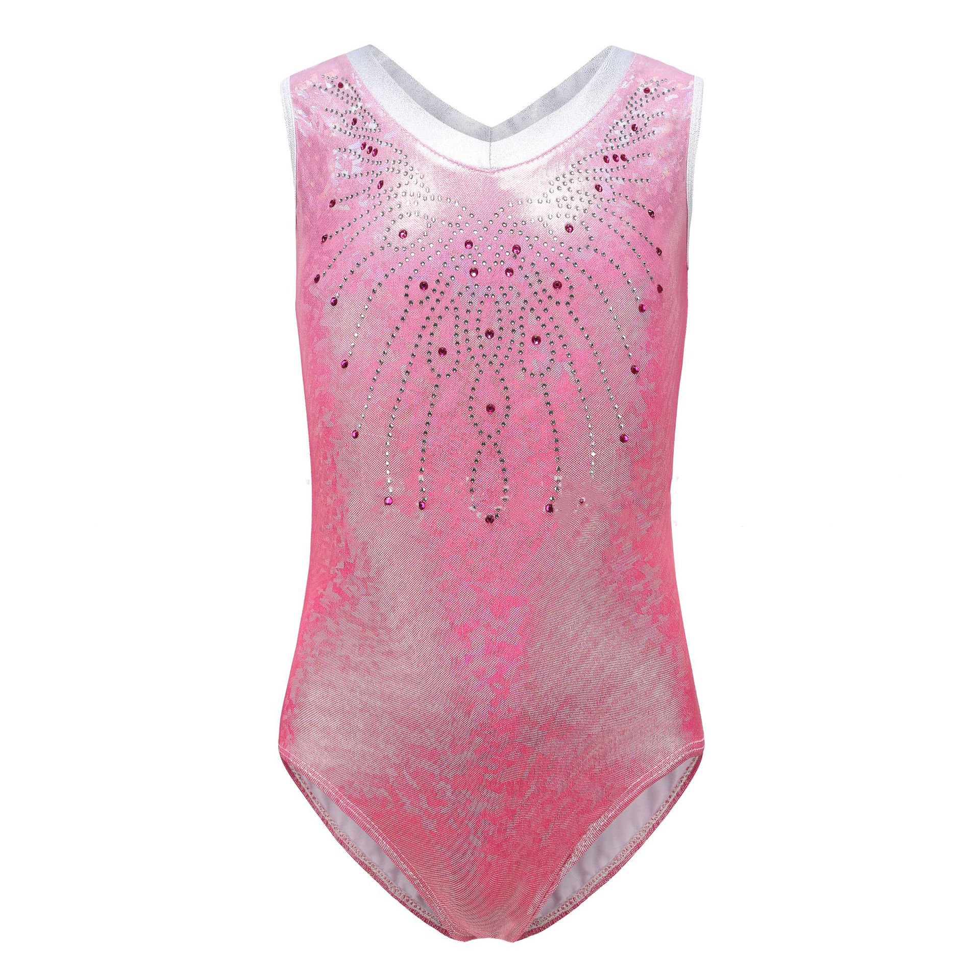 Multi Colors Shiny Fabric Child Gymnastics Leotard Girls Sleeveless Round Collar Leotards Kids Size Rhinestone Spandex Jumpsuit