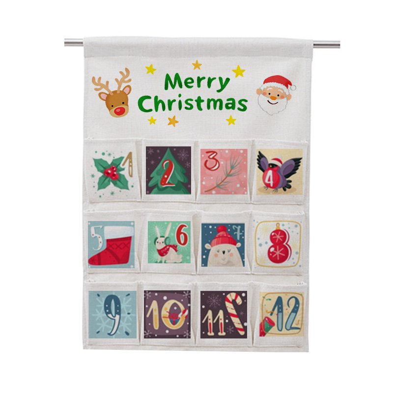 Cotton Linen Christmas Advent Calendar with 12 Pockets, Hanging Storage Bag for Xmas Holiday Home Wall Decoration (Blank)
