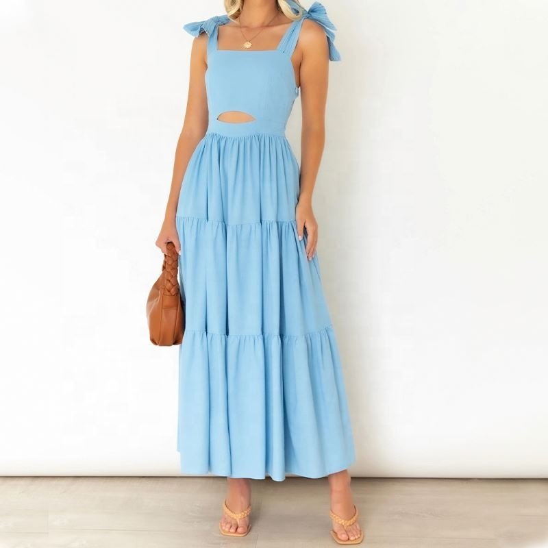 Maxi Linen Dress Garment Factory Custom women V Neck Short Sleeve Printed Pocket Loose Maxi Cotton Linen Dress