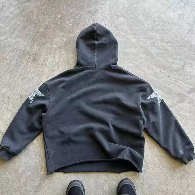 Autumn Cropped Boxy Hoodie for Men Embroidered Puff Printing Rhinestones Distressed Terry Fabric Screen Printed Animal Pattern