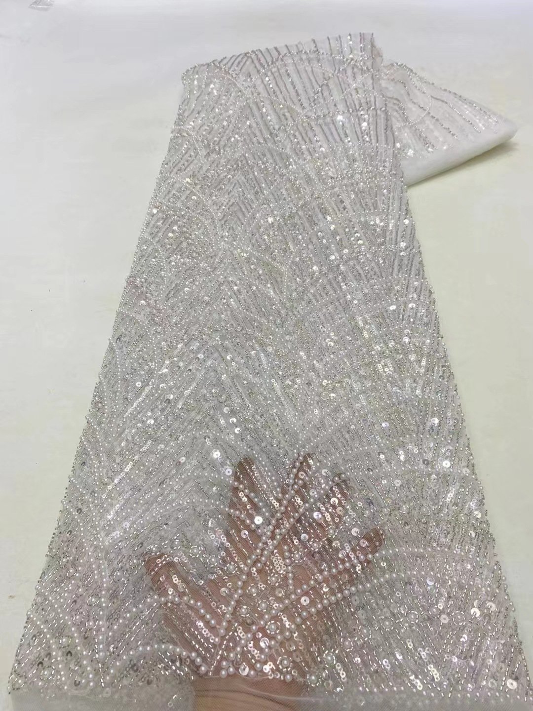 Bridal Wedding and Evening Party Dress with Floral Beaded Sequin and French Lace Embroidery Woven and Plain Pattern Fabric