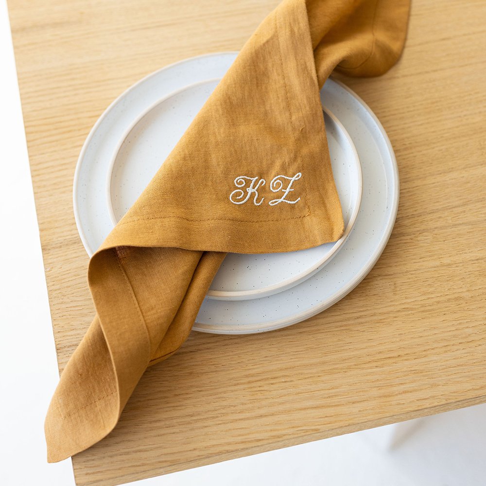Monogram Custom Embroidery Hemstitch Npkins Linen French Flax fabric Pure Linen cotton placemats with LOGO for Hotel Wedding