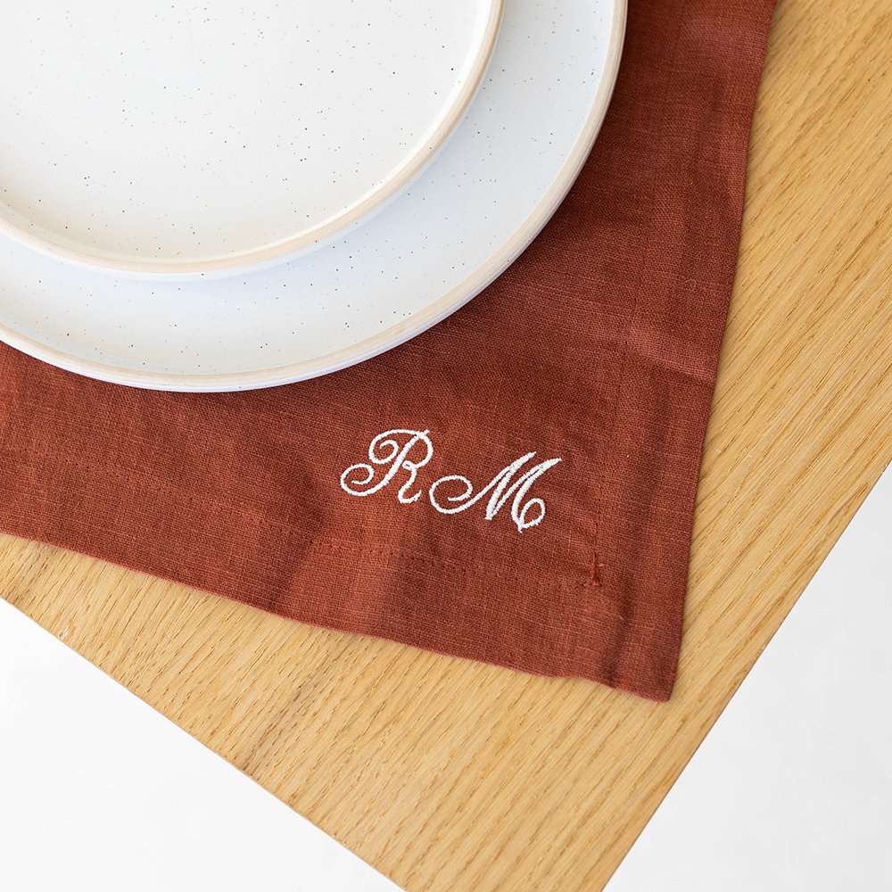 Monogram Custom Embroidery Hemstitch Npkins Linen French Flax fabric Pure Linen cotton placemats with LOGO for Hotel Wedding